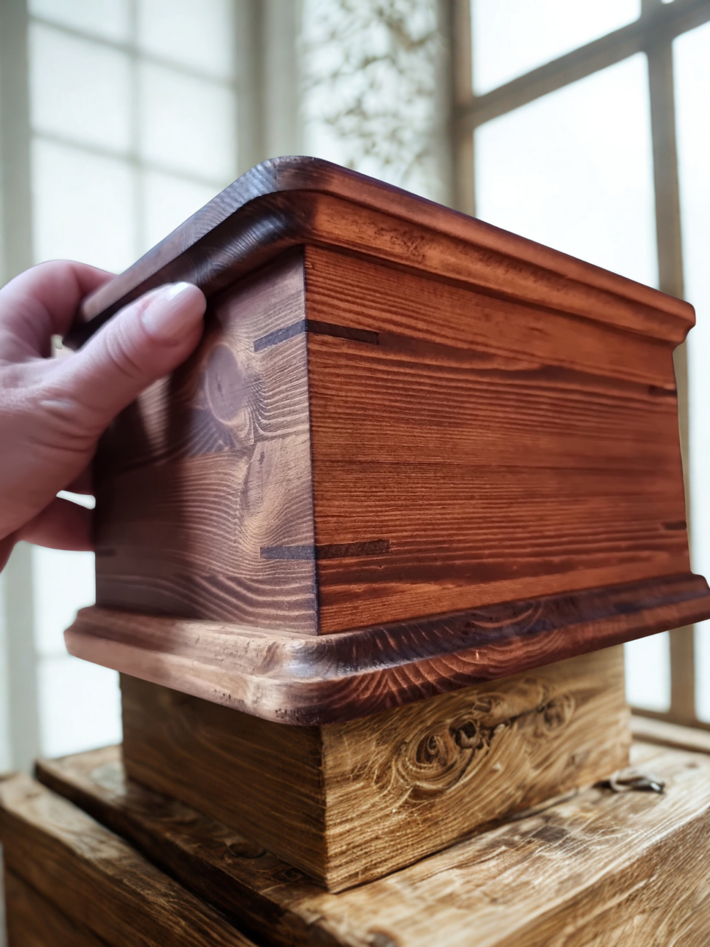 Personalised Wooden Cremation Urn with Feather & Birds – Handmade Pine Memorial Urn