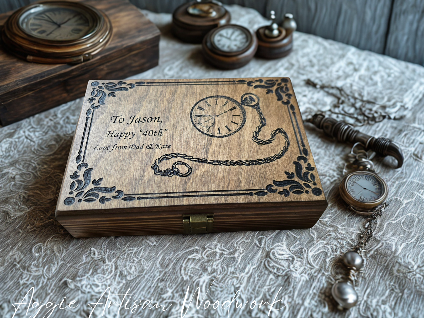 Personalised Pocket Watch Wooden Box – Handmade Keepsake with Black Felt Interior