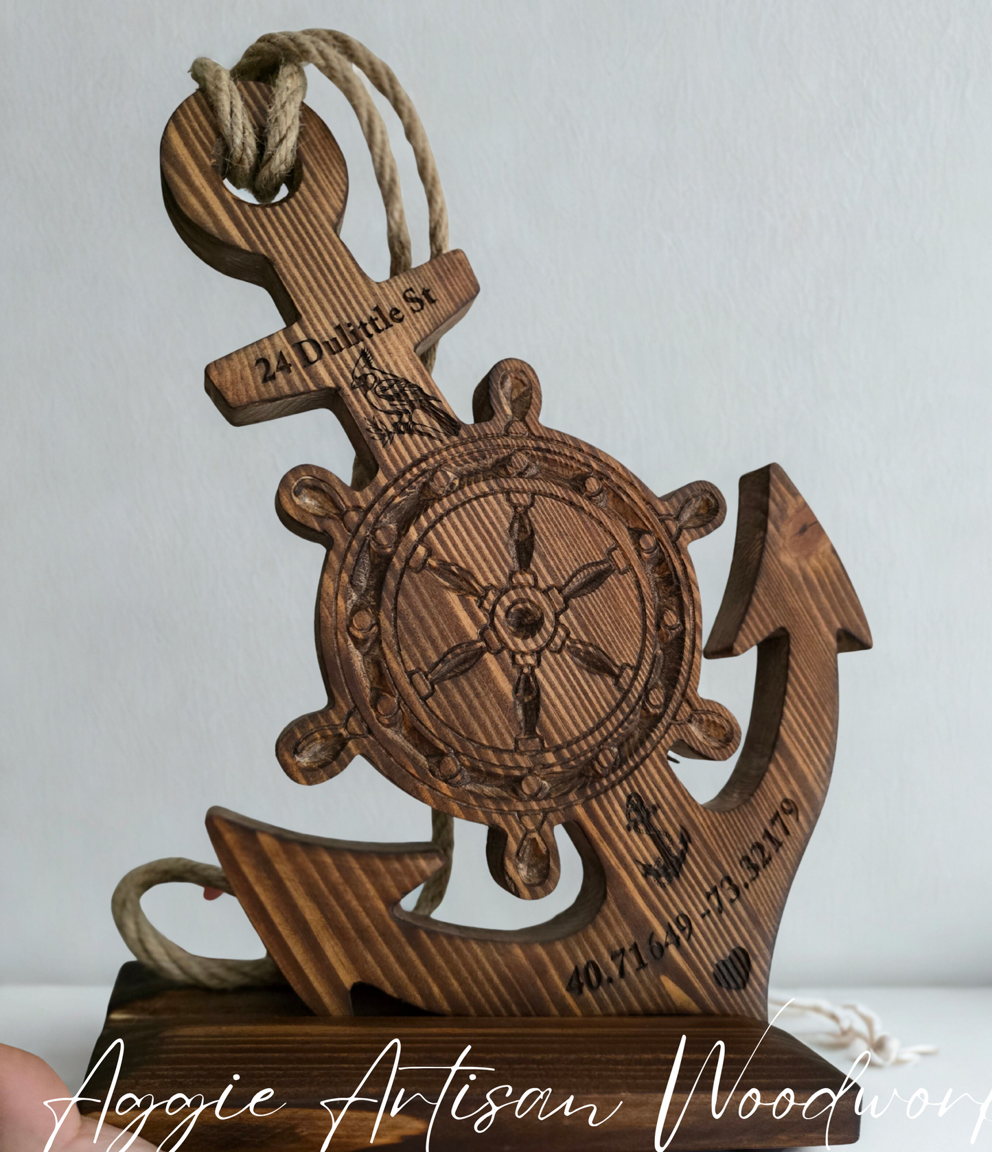 Memorial Wooden Anchor with Ship Wheel – Personalised In Loving Memory Keepsake