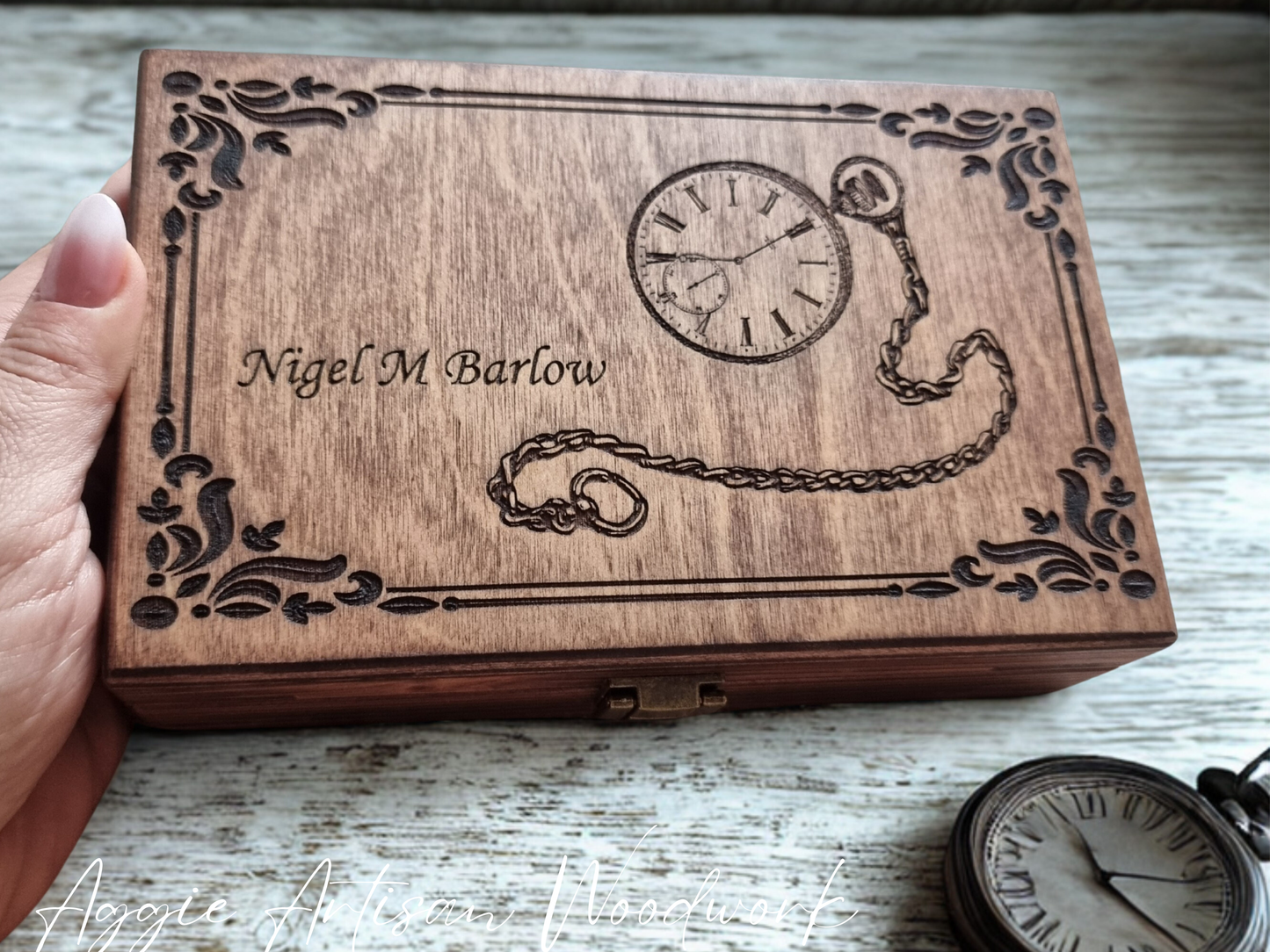 Personalised Pocket Watch Wooden Box – Handmade Keepsake with Black Felt Interior