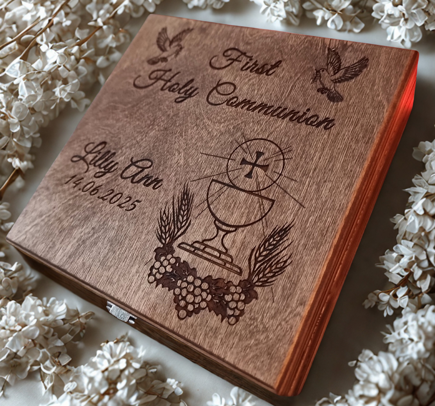 Large Personalised First Holy Communion Wooden Box | Handmade Keepsake with Divider | Custom Engraved Religious Gift