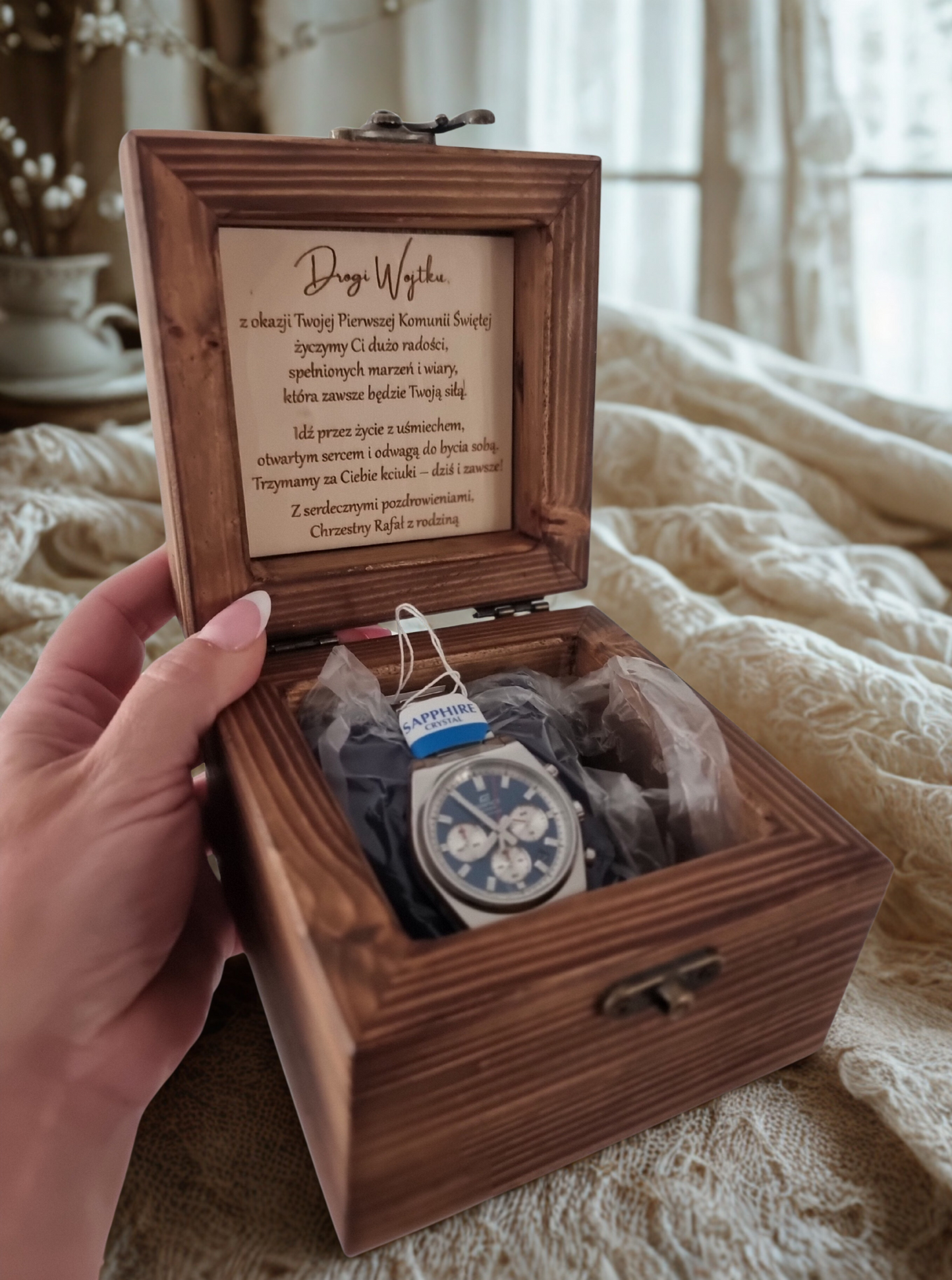 Personalised First Holy Communion Wooden Keepsake Box | Handmade Pine Box for Watch, Jewellery or Special Mementos