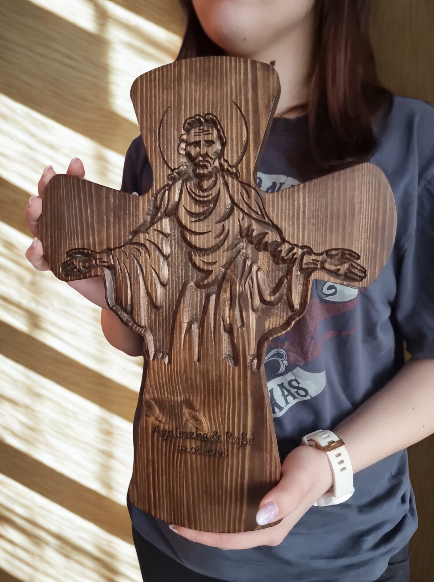 Hand Carved Wooden Cross with Jesus – Personalised Solid Pine