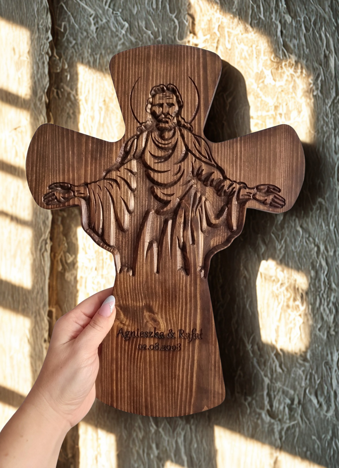Hand Carved Wooden Cross with Jesus – Personalised Solid Pine