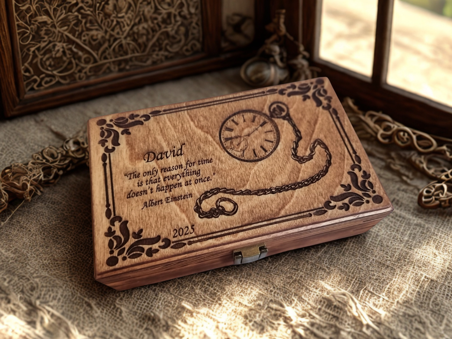 Personalised Pocket Watch Wooden Box – Handmade Keepsake with Black Felt Interior