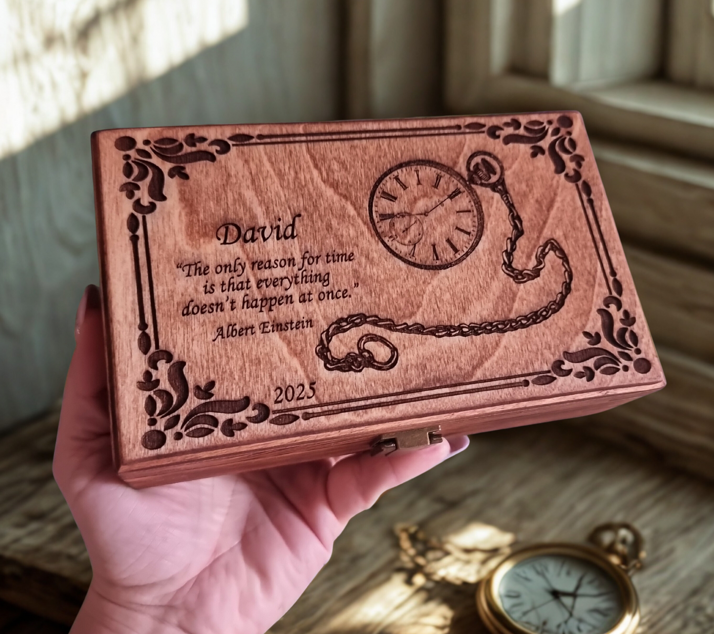 Personalised Pocket Watch Wooden Box – Handmade Keepsake with Black Felt Interior