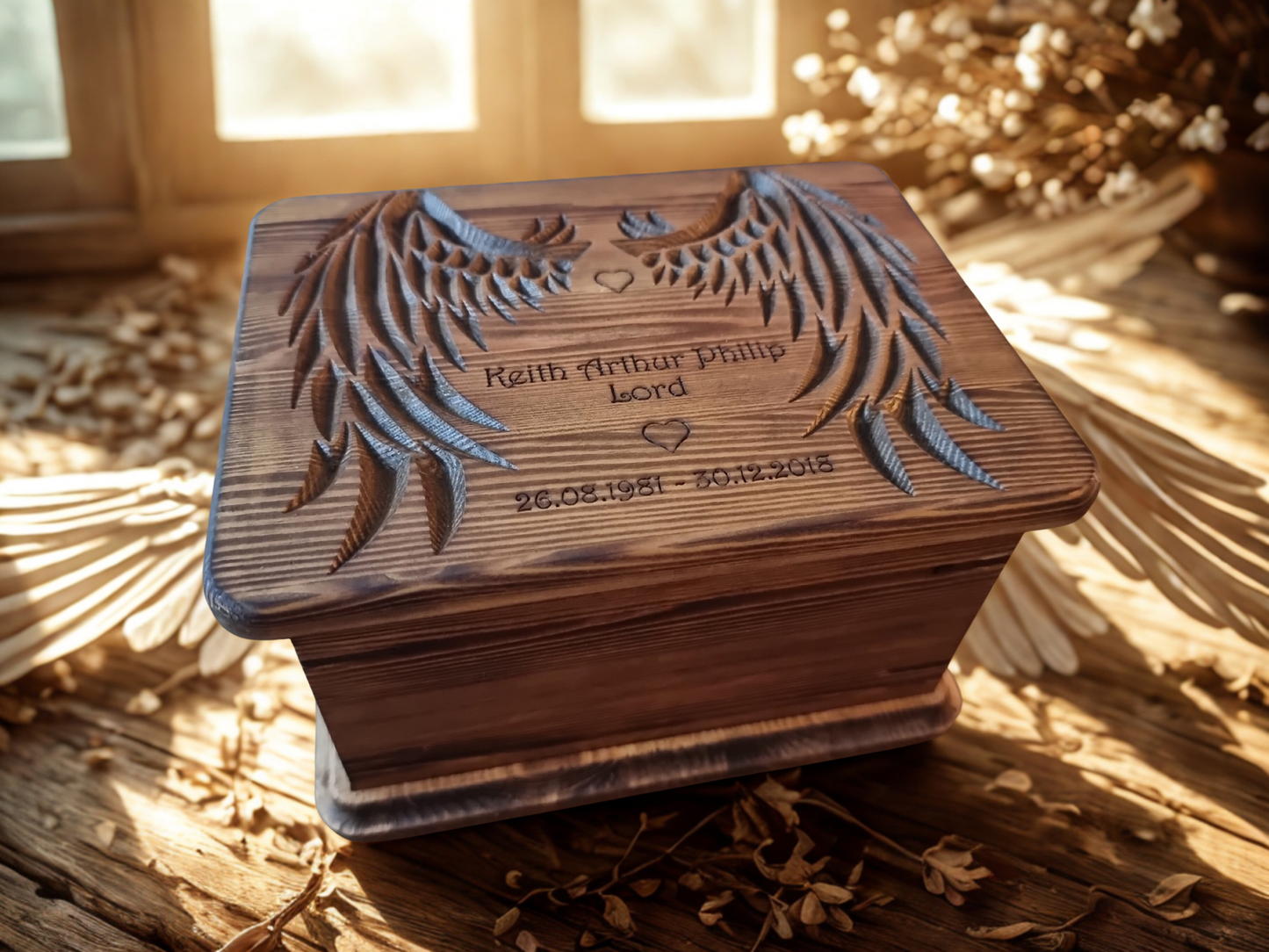 Handcrafted Wooden Memorial Urn with Angel Wings