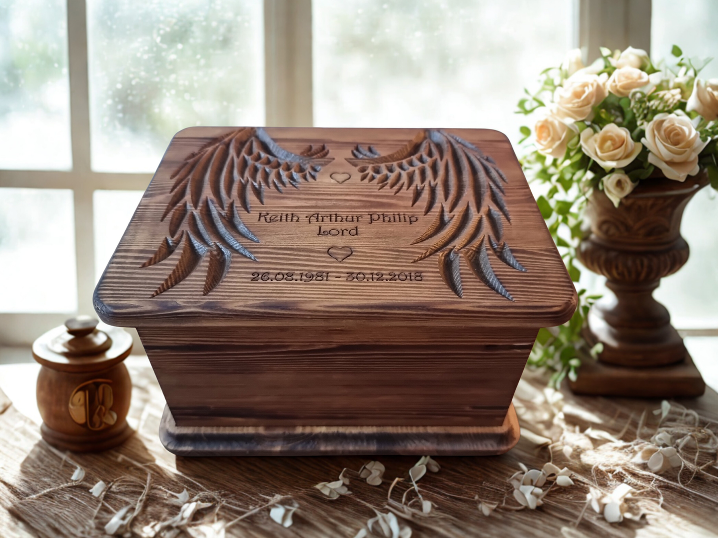 Handcrafted Wooden Memorial Urn with Angel Wings