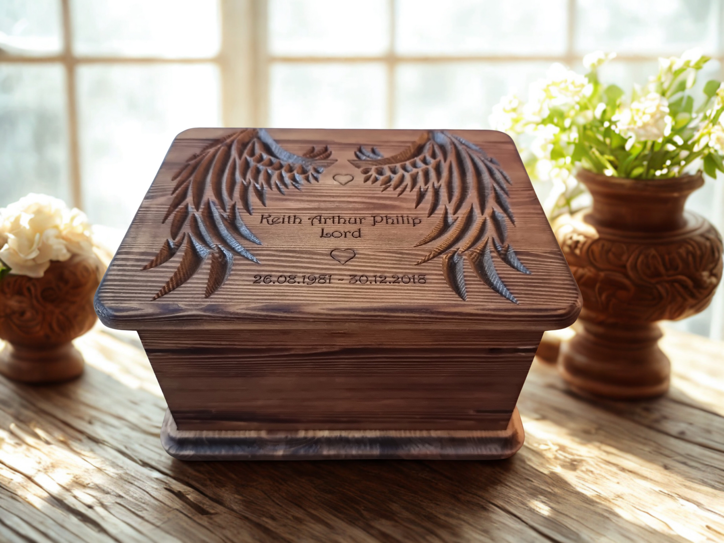 Handcrafted Wooden Memorial Urn with Angel Wings