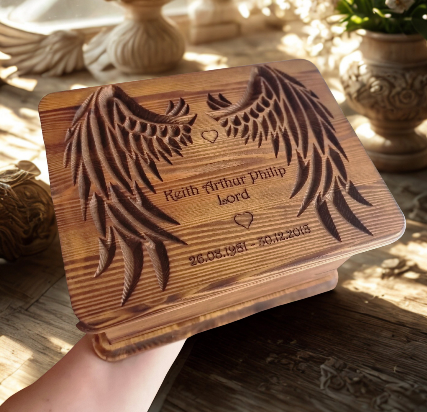 Handcrafted Wooden Memorial Urn with Angel Wings