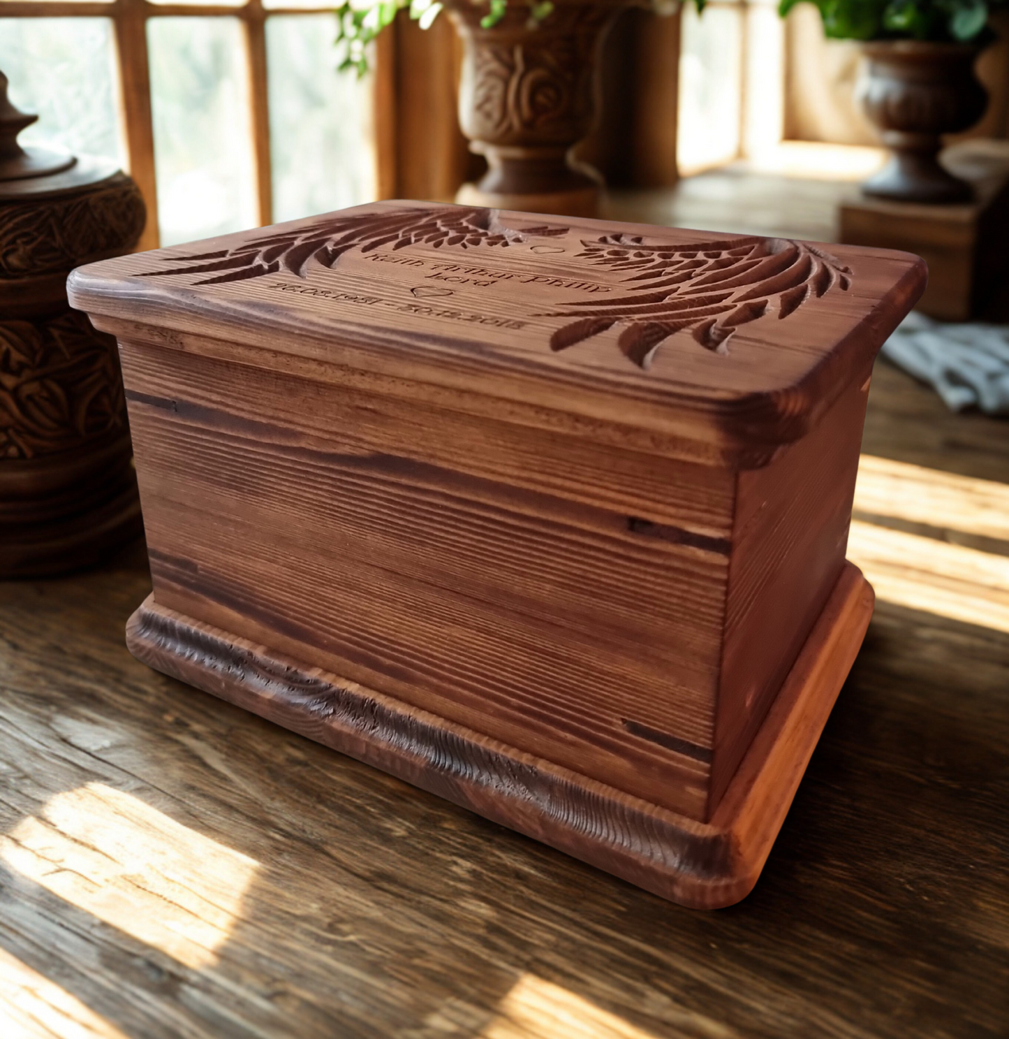 Handcrafted Wooden Memorial Urn with Angel Wings