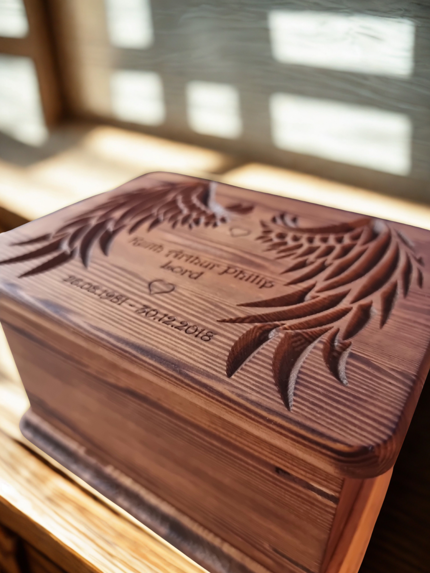 Handcrafted Wooden Memorial Urn with Angel Wings