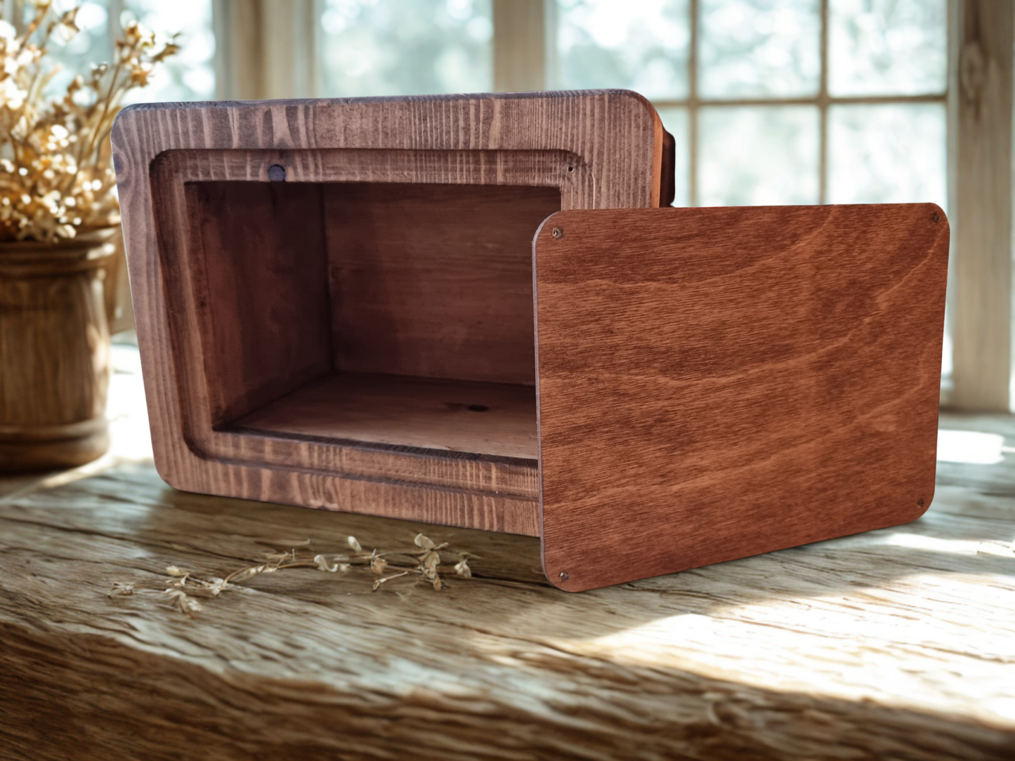 Personalised Wooden Cremation Urn with Roses – Handmade Pine Memorial Urn