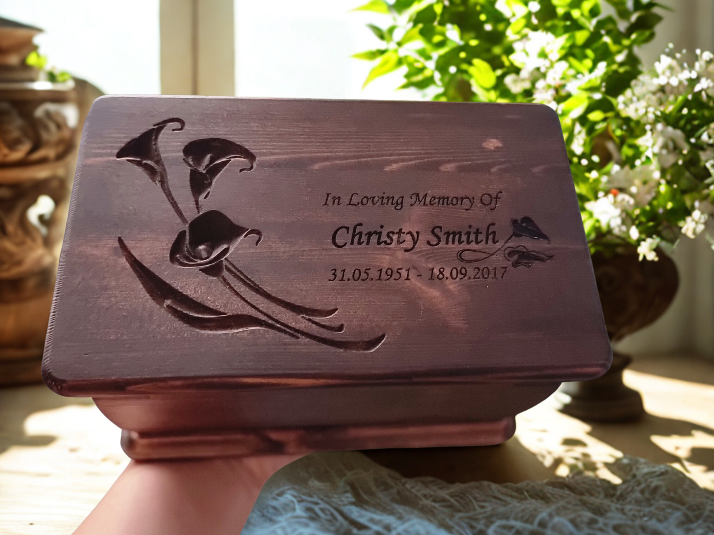 Handcrafted Wooden Cremation Urn – Lily Memorial Design