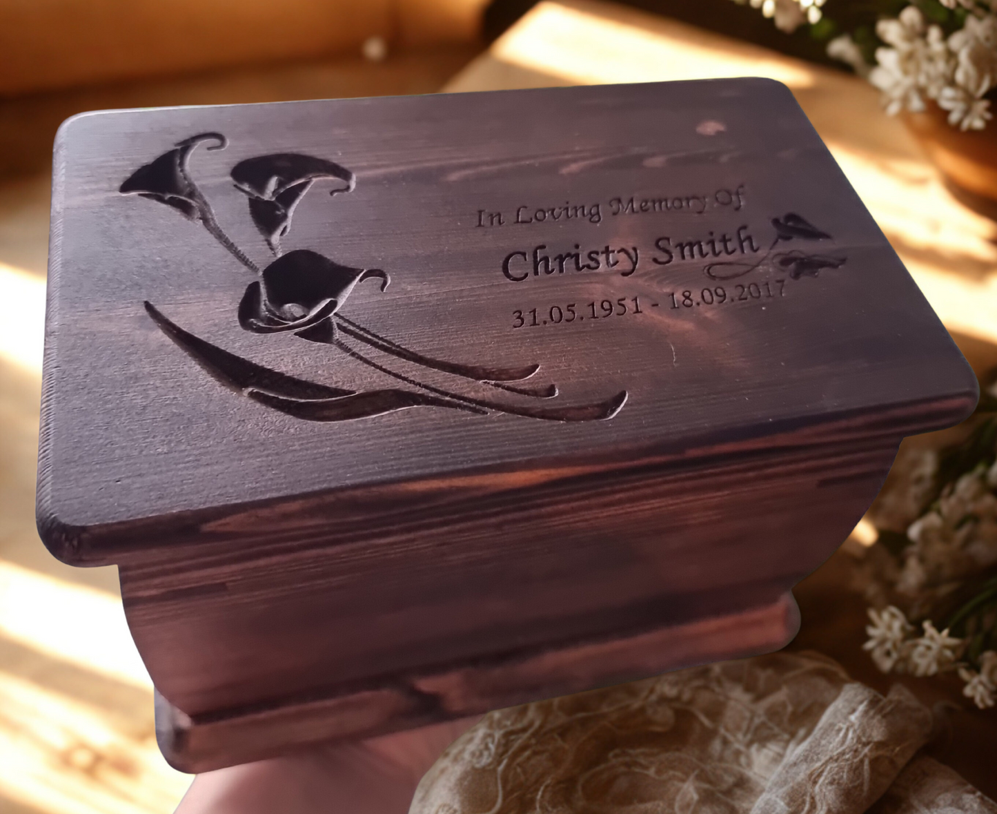 Handcrafted Wooden Cremation Urn – Lily Memorial Design