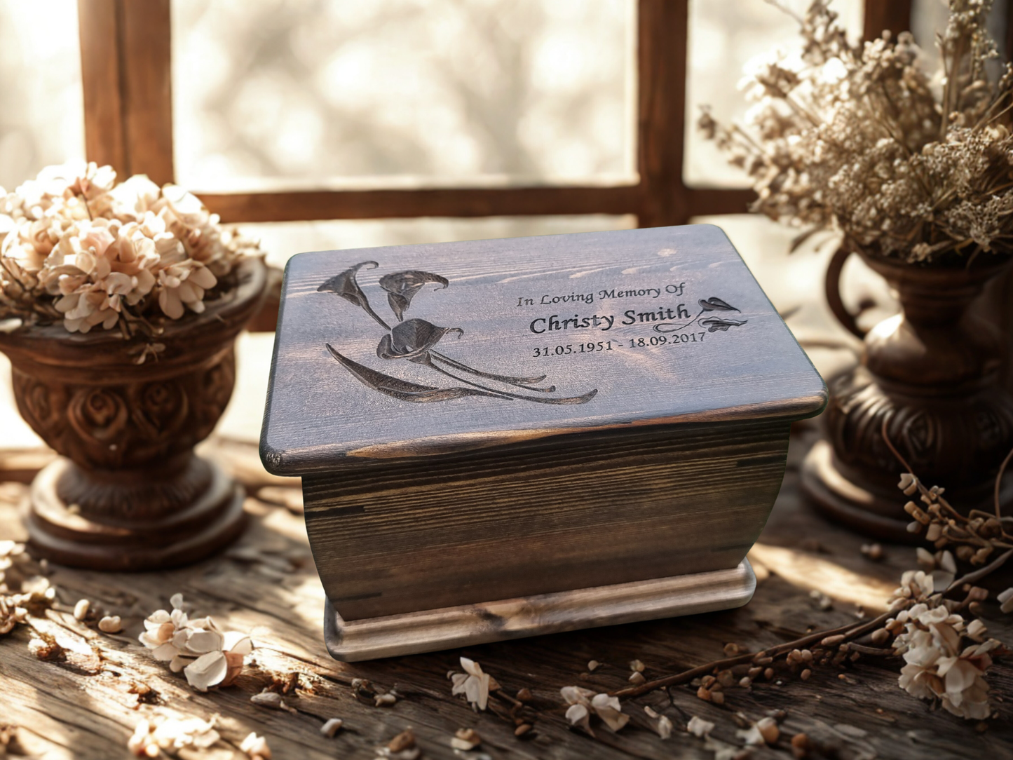 Handcrafted Wooden Cremation Urn – Lily Memorial Design