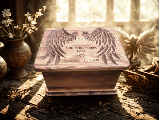 Handcrafted Wooden Memorial Urn with Angel Wings