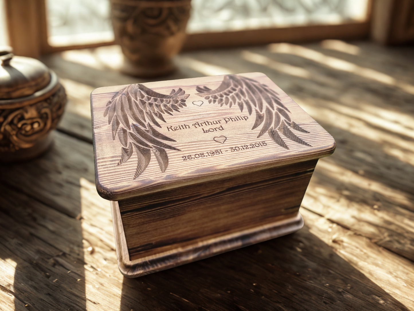 Handcrafted Wooden Memorial Urn with Angel Wings