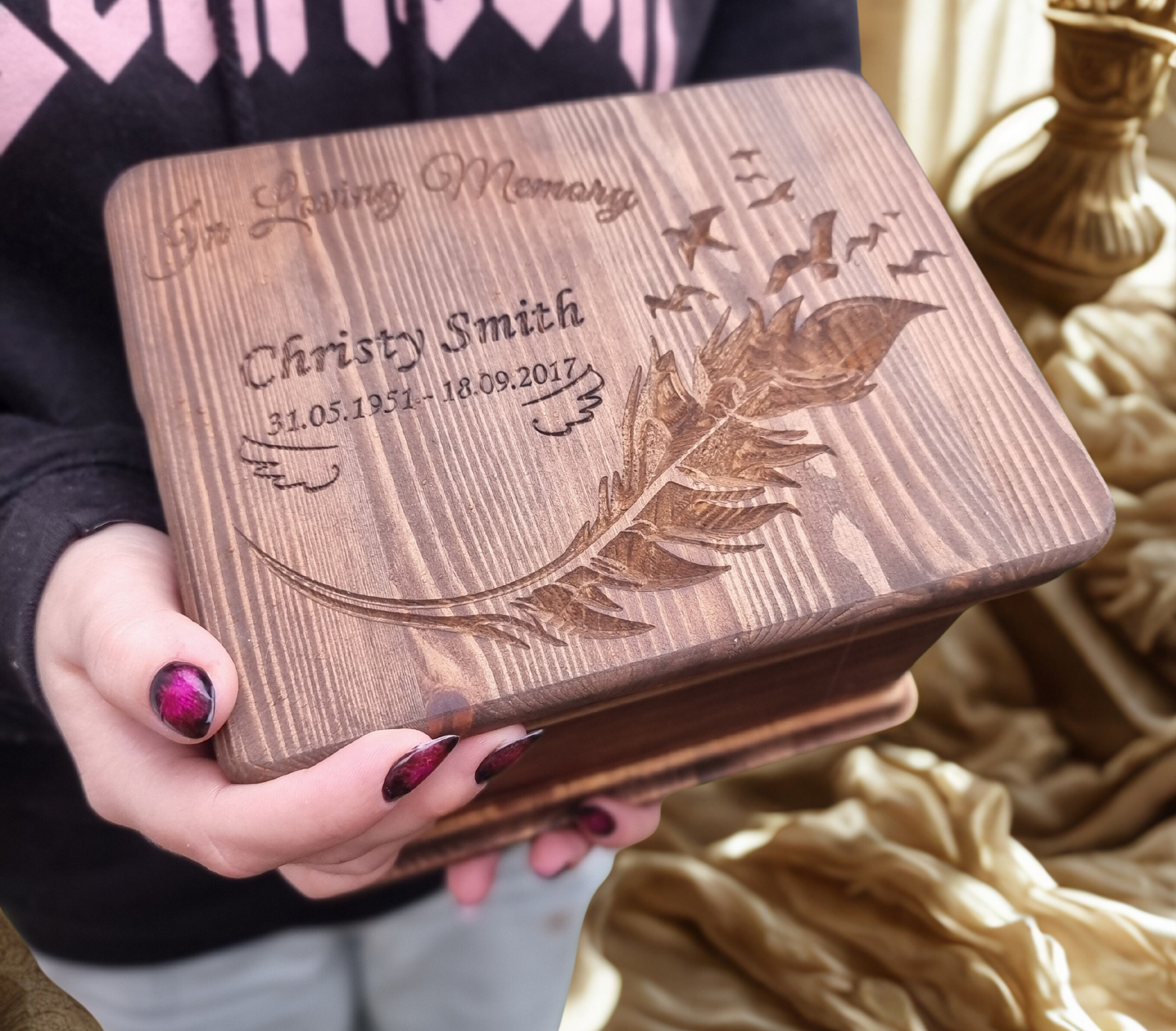 Personalised Wooden Cremation Urn with Feather & Birds – Handmade Pine Memorial Urn