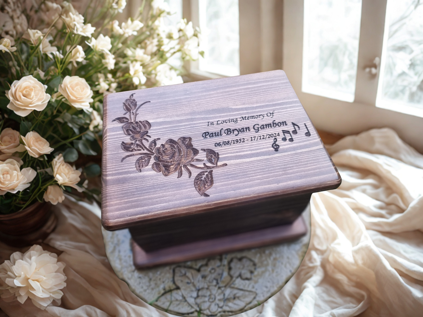 Personalised Wooden Cremation Urn with Roses – Handmade Pine Memorial Urn
