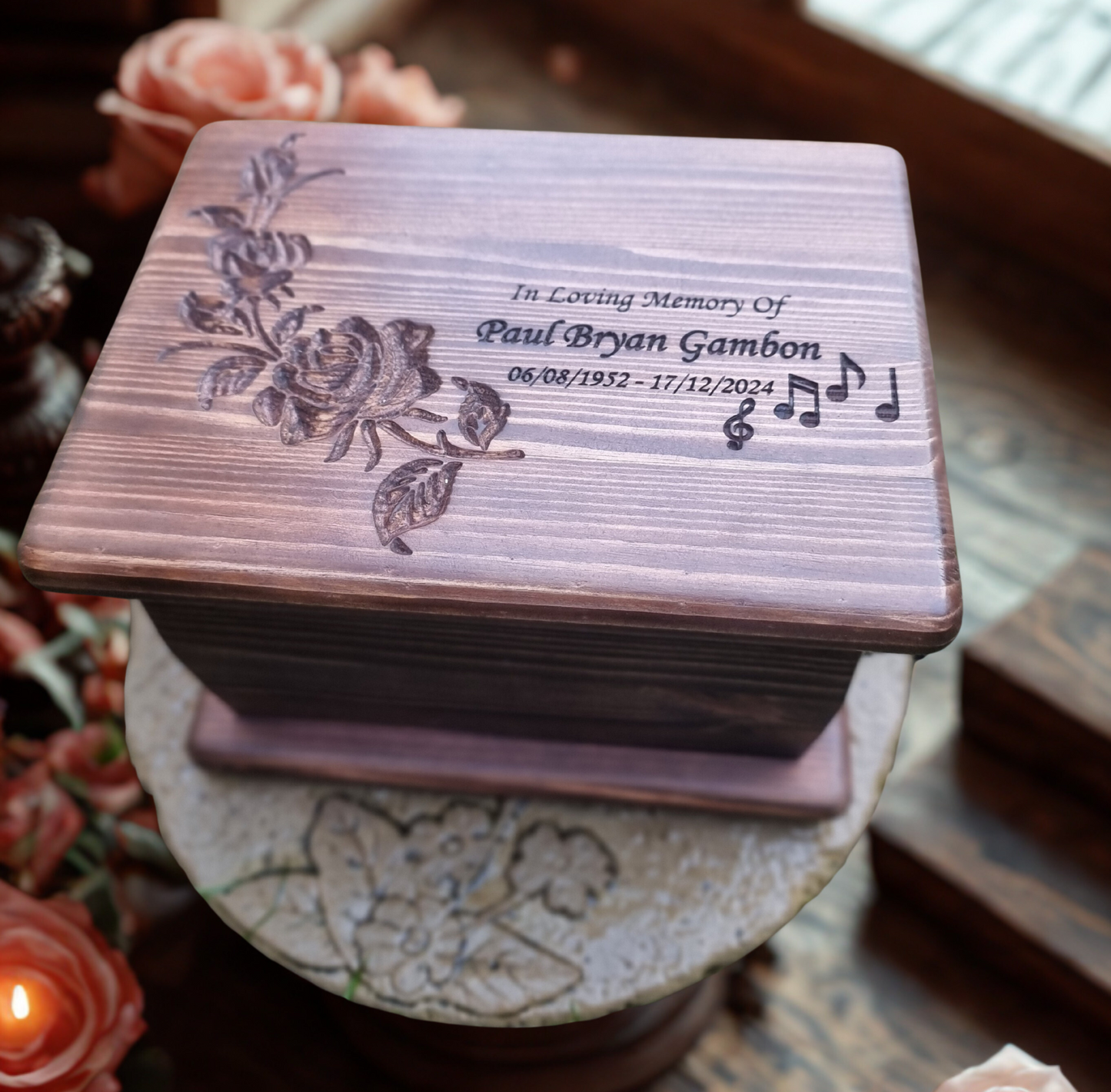 Personalised Wooden Cremation Urn with Roses – Handmade Pine Memorial Urn