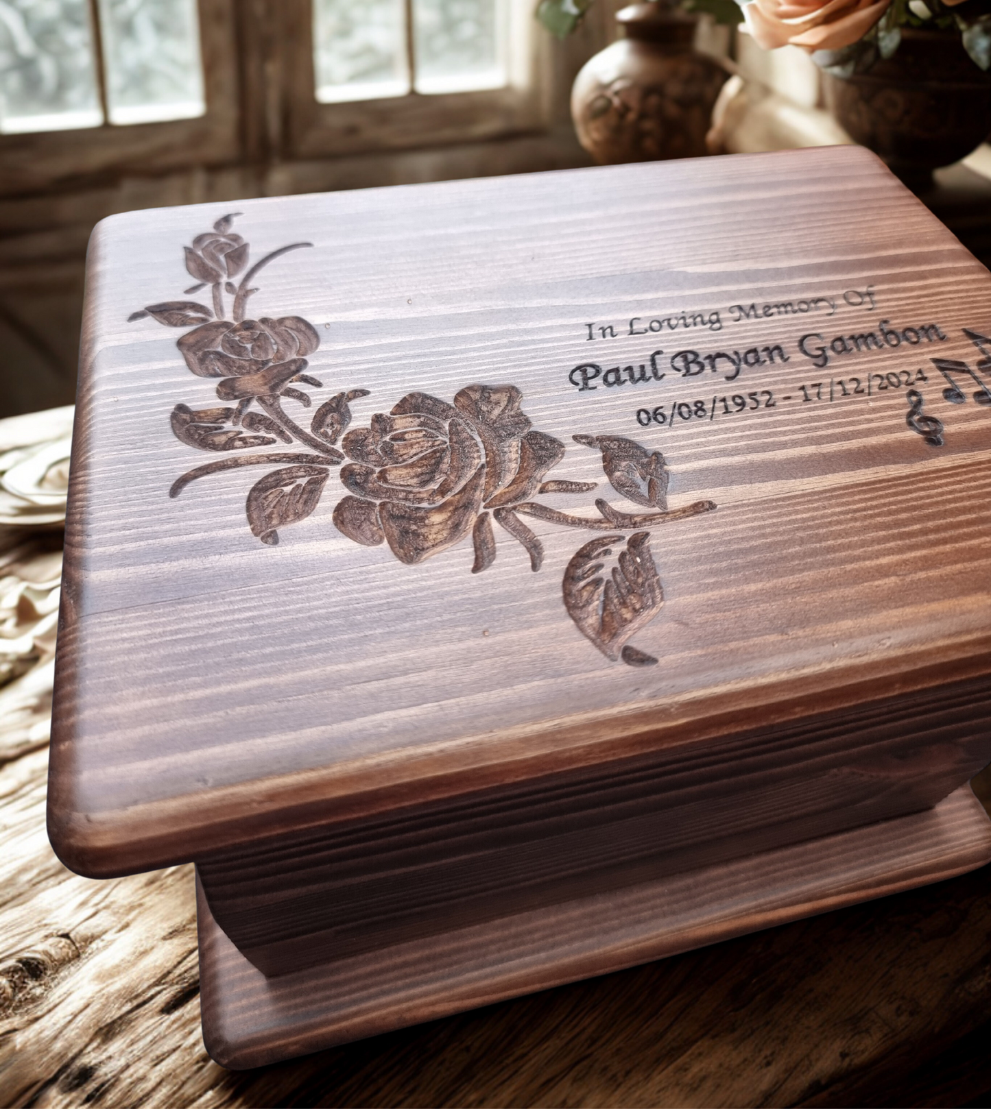 Personalised Wooden Cremation Urn with Roses – Handmade Pine Memorial Urn