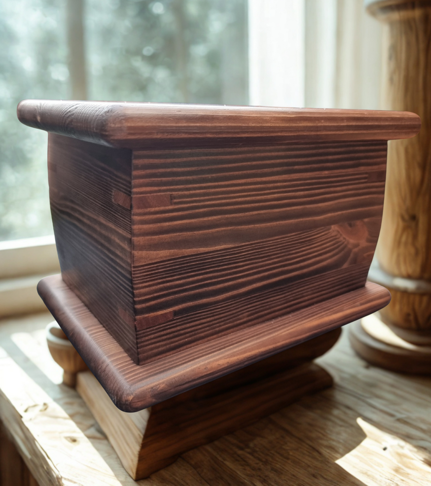 Personalised Wooden Cremation Urn with Feather & Birds – Handmade Pine Memorial Urn
