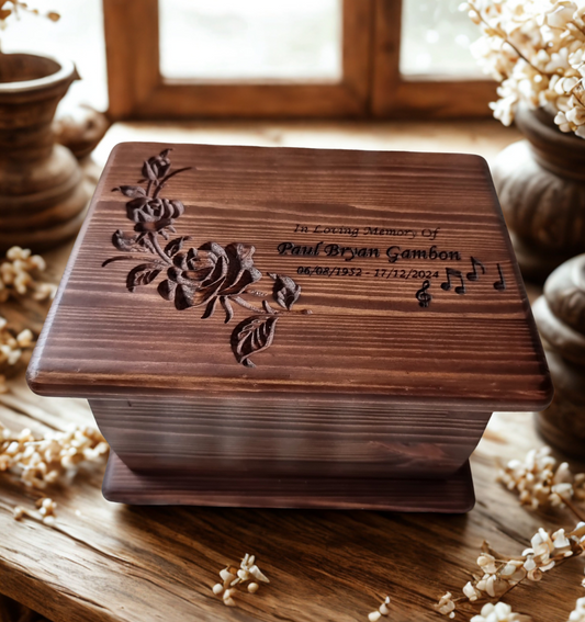 Personalised Wooden Cremation Urn with Roses – Handmade Pine Memorial Urn