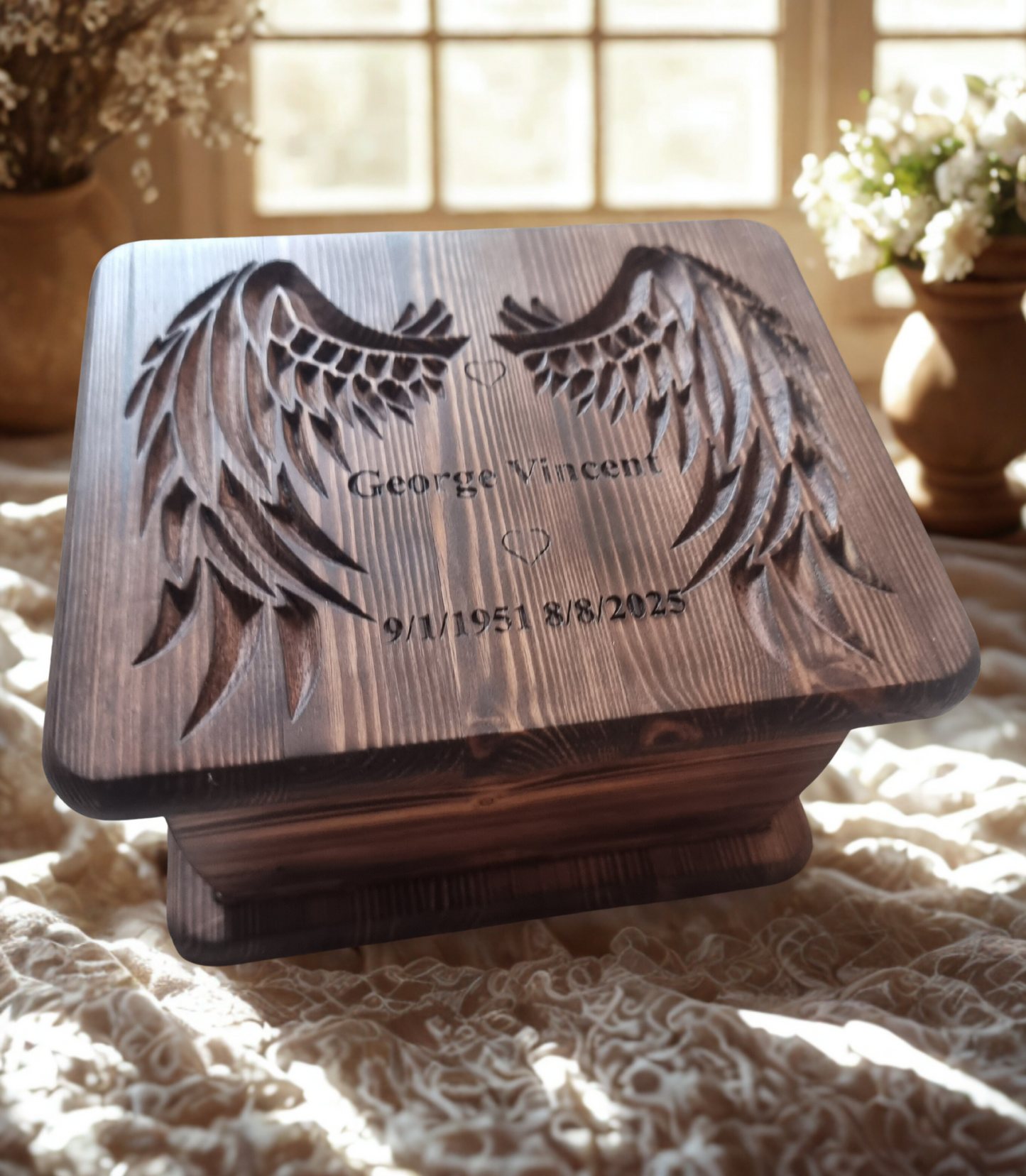 Handcrafted Wooden Memorial Urn with Angel Wings