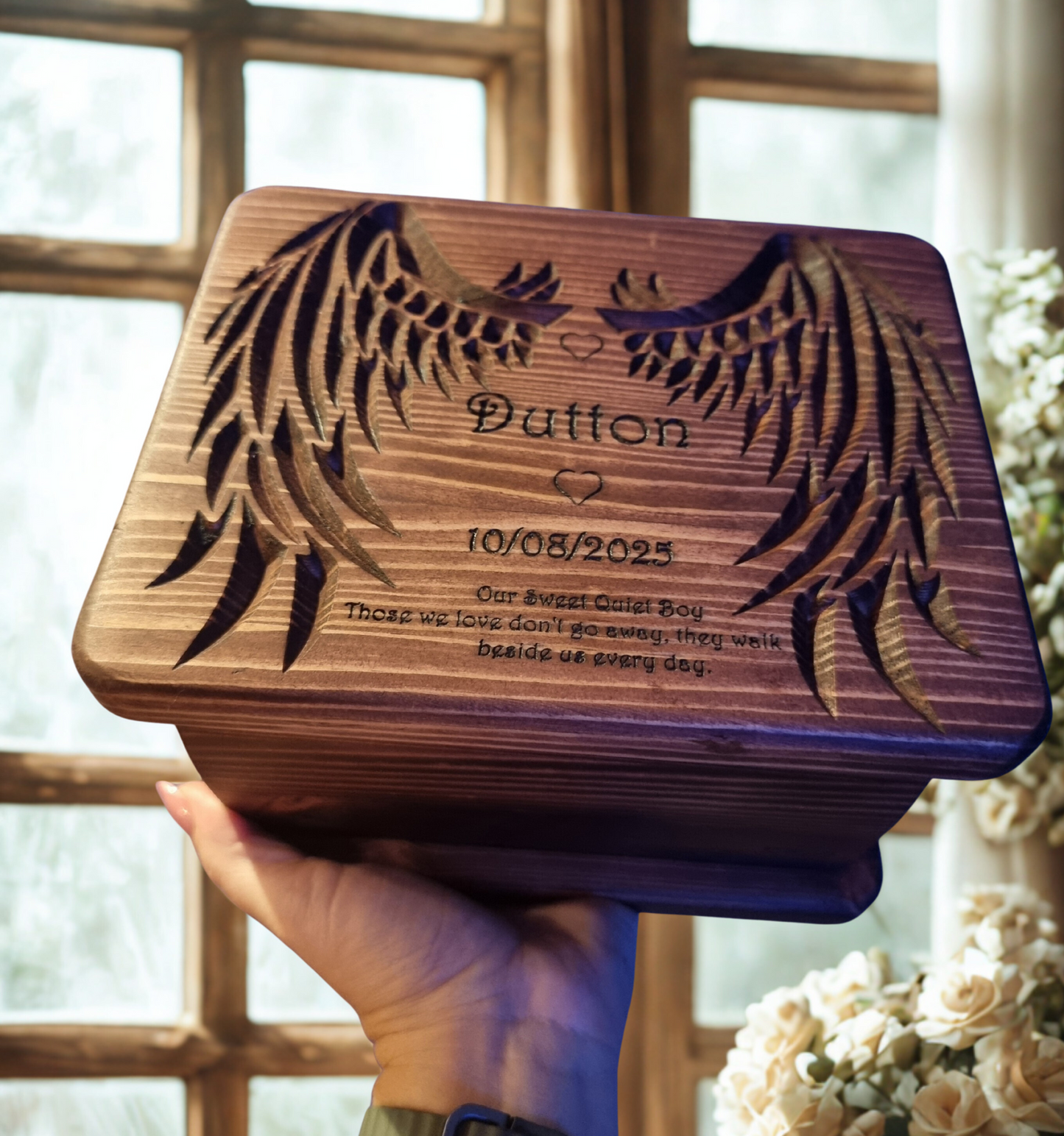 Handcrafted Wooden Memorial Urn with Angel Wings