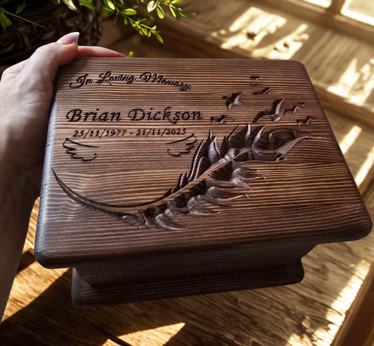 Personalised Wooden Cremation Urn with Feather & Birds – Handmade Pine Memorial Urn