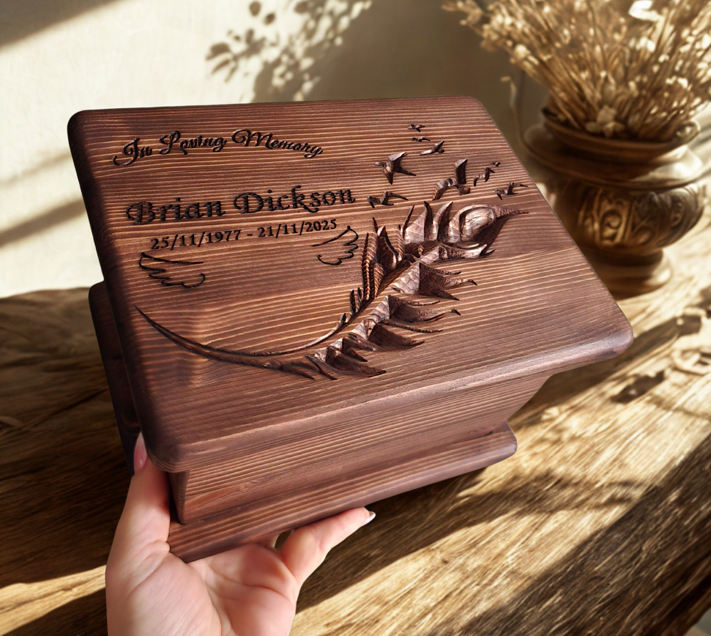 Personalised Wooden Cremation Urn with Feather & Birds – Handmade Pine Memorial Urn