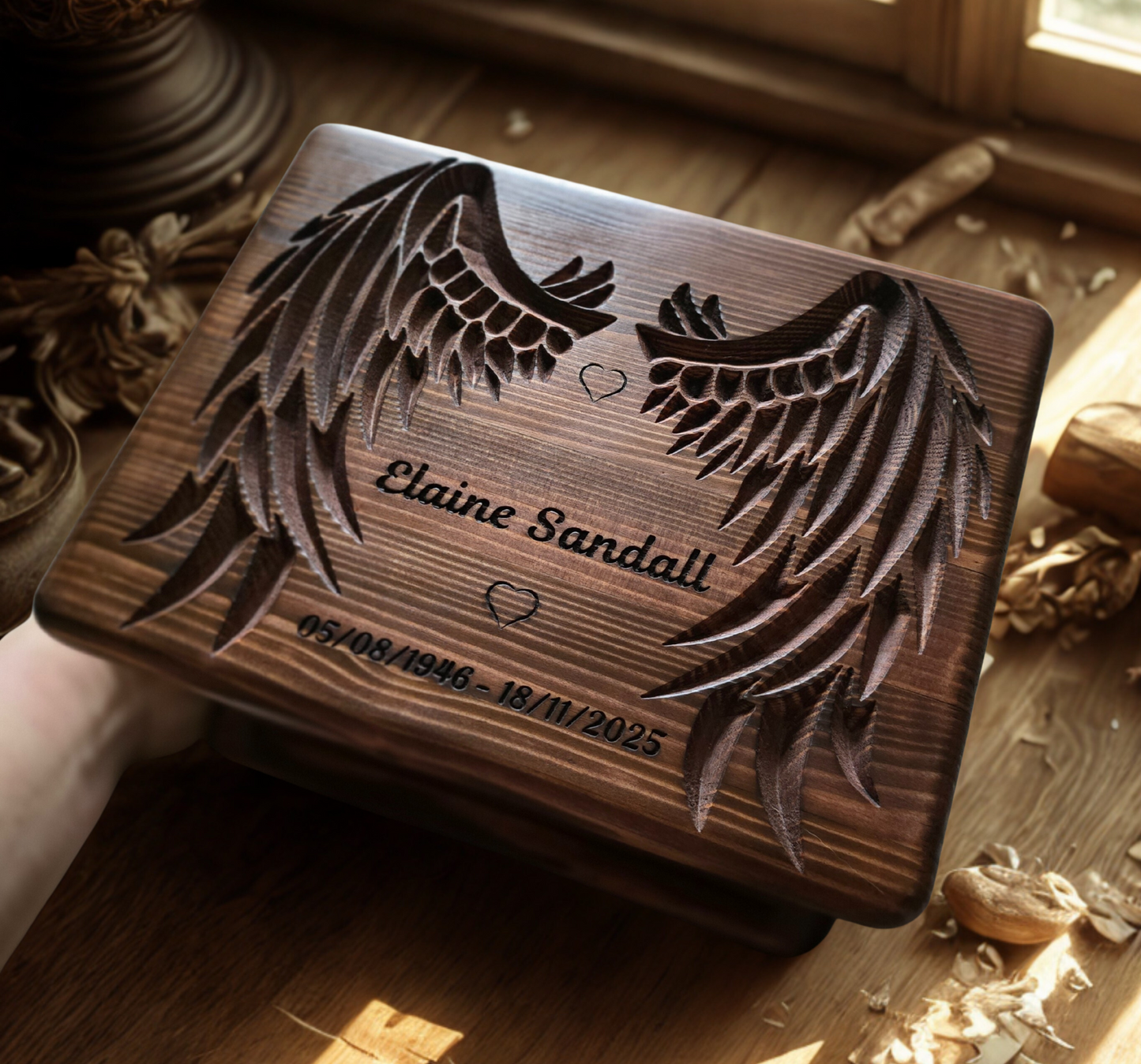 Handcrafted Wooden Memorial Urn with Angel Wings