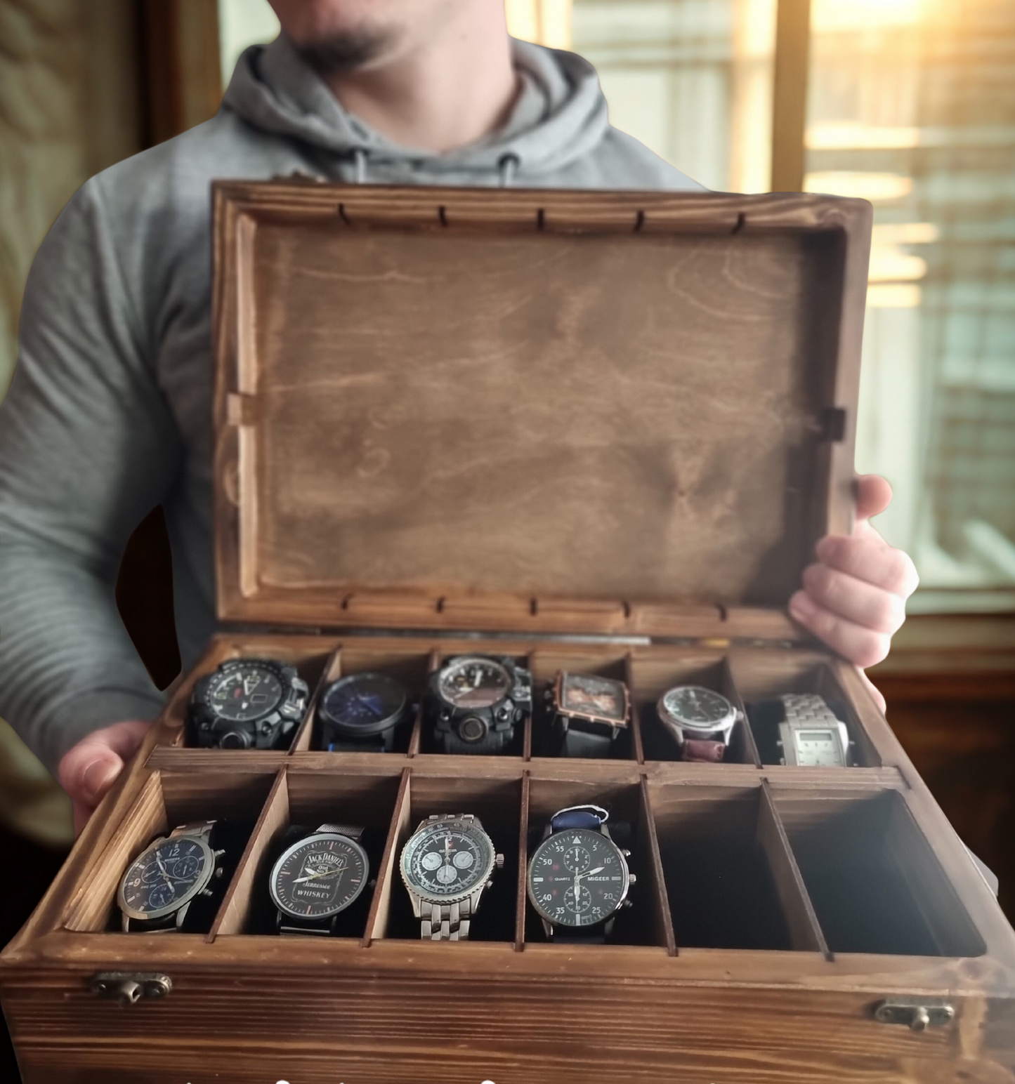 Personalised Wooden Watch Box – Text Only Engraving (1–12 Watches)