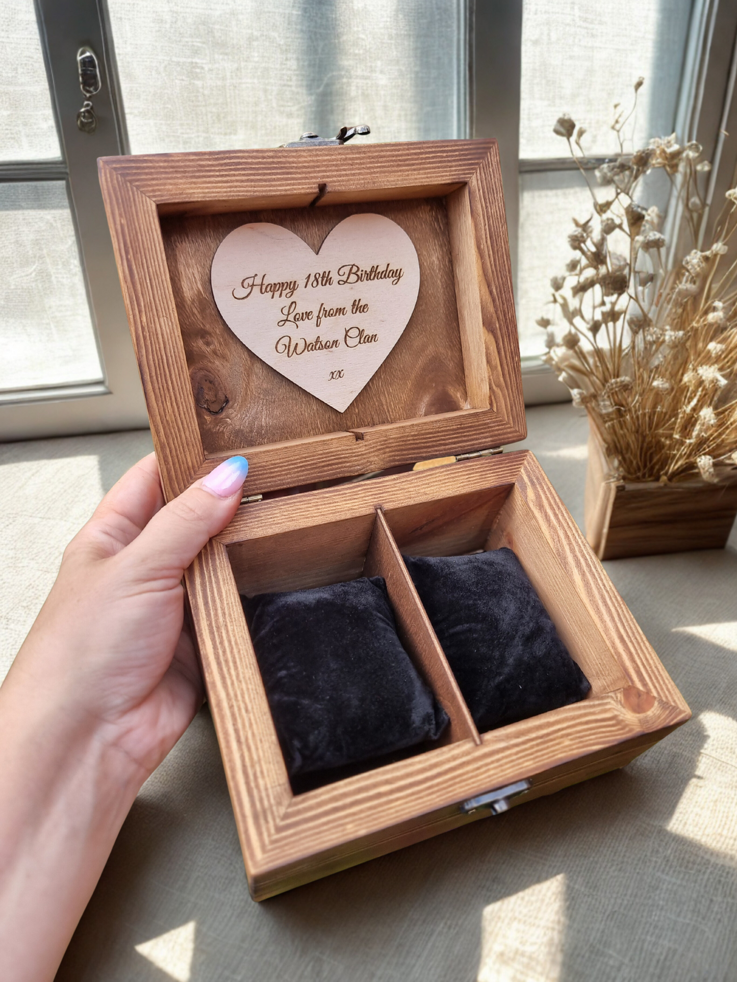 Personalised Wooden Watch Box for 2 Watches – Floral Engraved Luxury Case