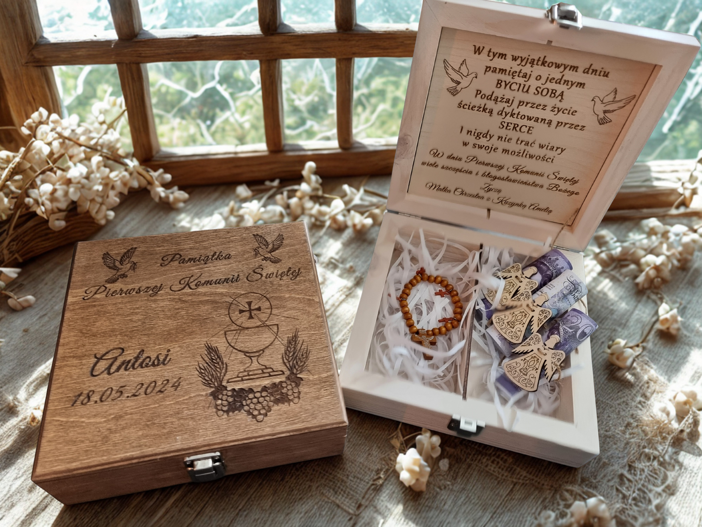 Large Personalised First Holy Communion Wooden Box | Handmade Keepsake with Divider | Custom Engraved Religious Gift