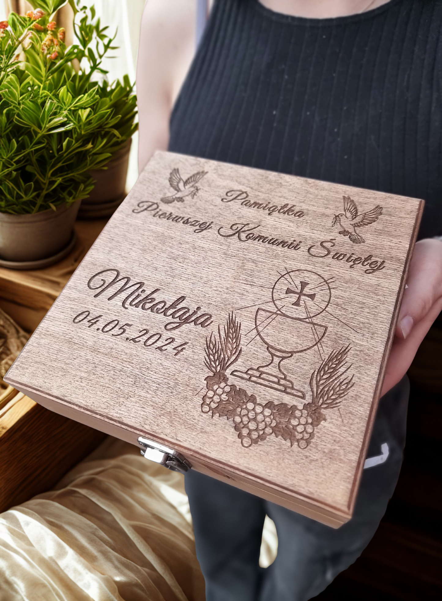 Large Personalised First Holy Communion Wooden Box | Handmade Keepsake with Divider | Custom Engraved Religious Gift
