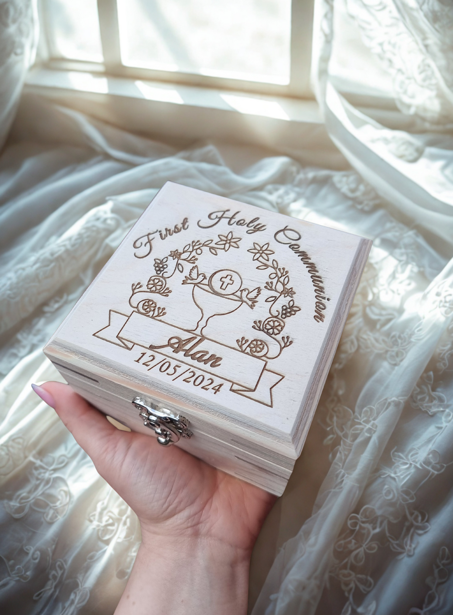 Personalised First Holy Communion Wooden Keepsake Box | Handmade Pine Box for Watch, Jewellery or Special Mementos