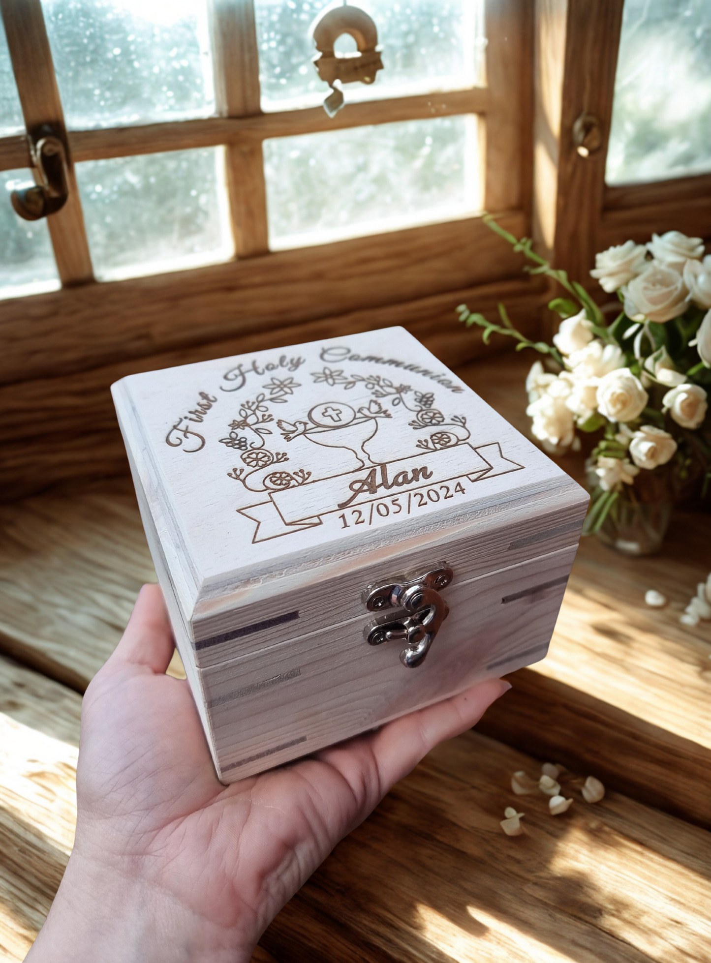 Personalised First Holy Communion Wooden Keepsake Box | Handmade Pine Box for Watch, Jewellery or Special Mementos