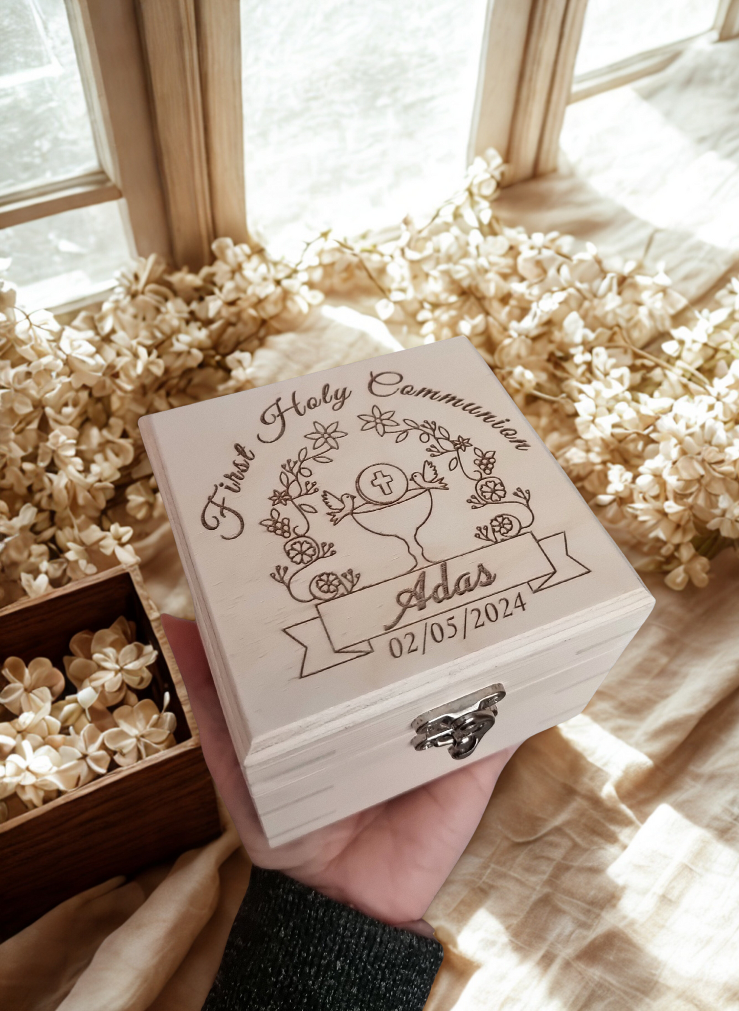 Personalised First Holy Communion Wooden Keepsake Box | Handmade Pine Box for Watch, Jewellery or Special Mementos