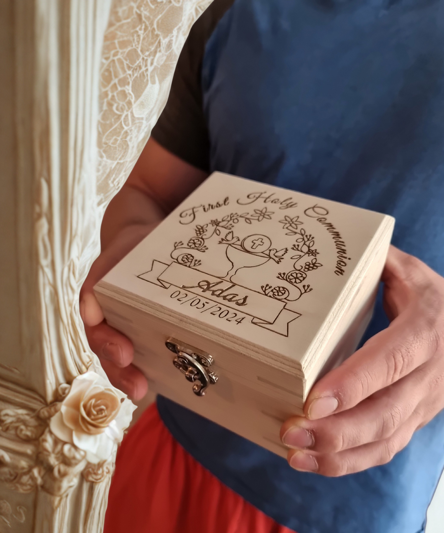 Personalised First Holy Communion Wooden Keepsake Box | Handmade Pine Box for Watch, Jewellery or Special Mementos