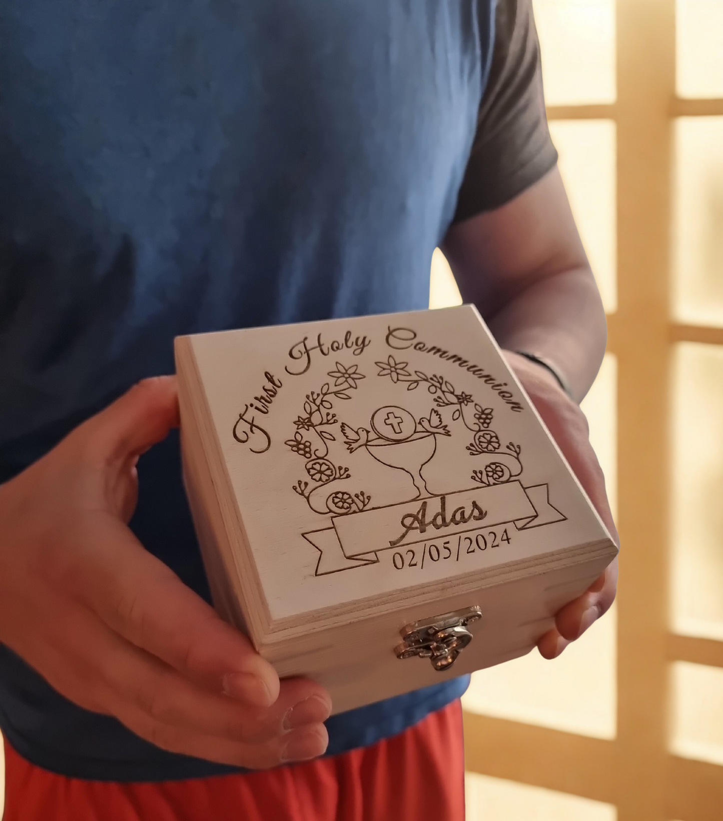 Personalised First Holy Communion Wooden Keepsake Box | Handmade Pine Box for Watch, Jewellery or Special Mementos