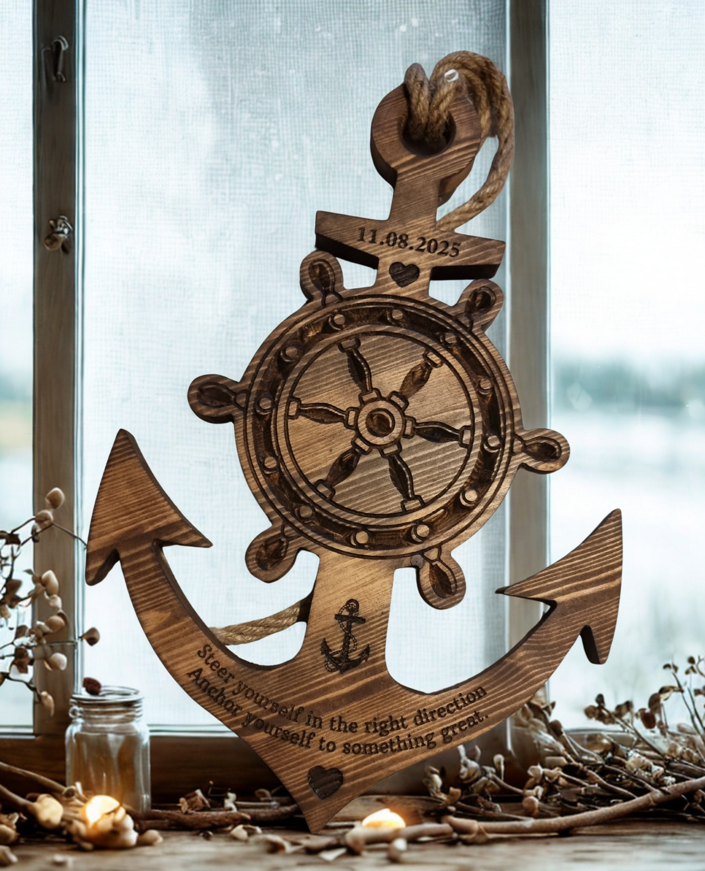 Personalised Wooden Anchor with Ship Wheel – Handmade Nautical Decor from Solid Pine