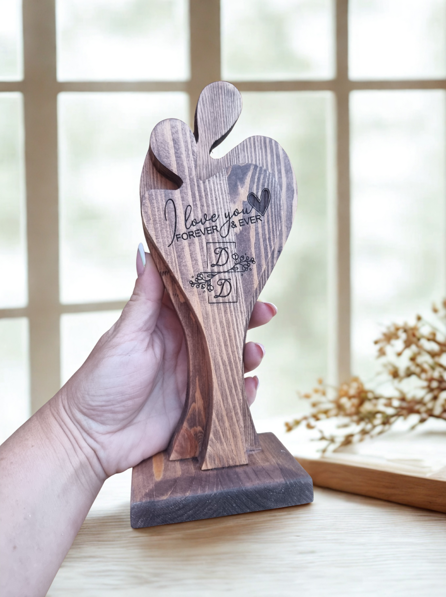 Hand-Carved Wooden Couple Sculpture – Personalised Solid Pine Love Decor