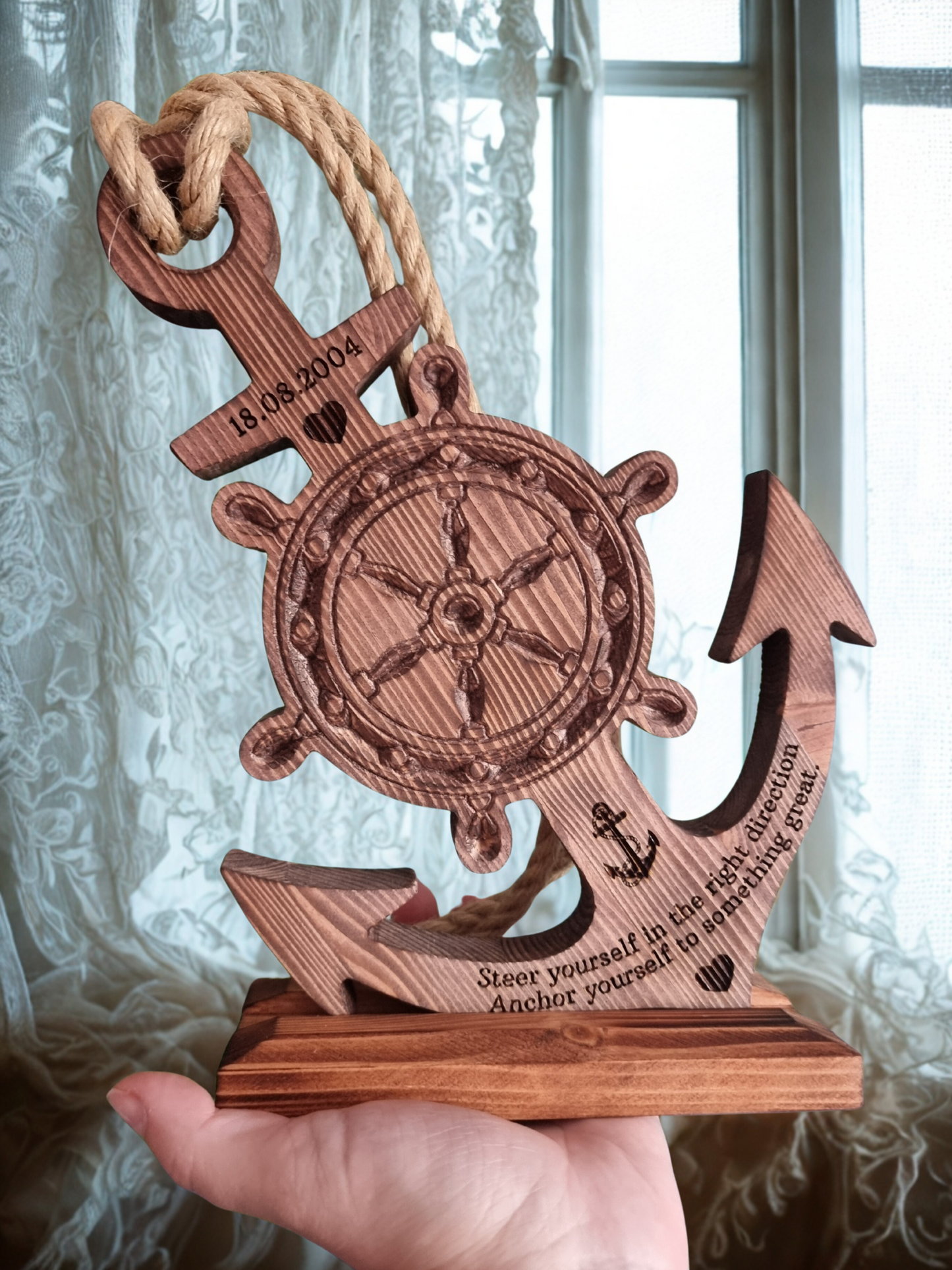 Personalised Wooden Anchor with Ship Wheel – Handmade Nautical Decor from Solid Pine