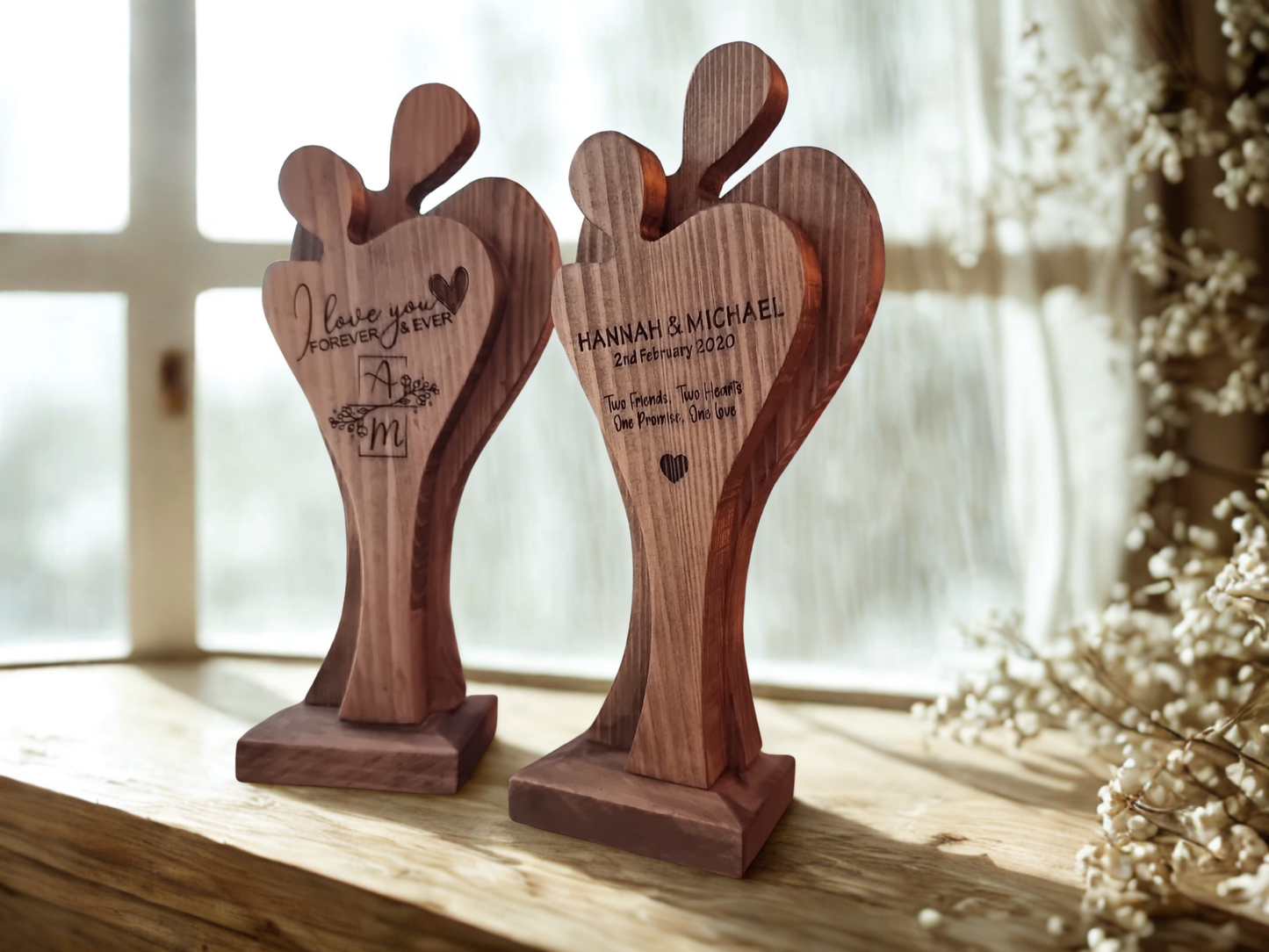 Hand-Carved Wooden Couple Sculpture – Personalised Solid Pine Love Decor