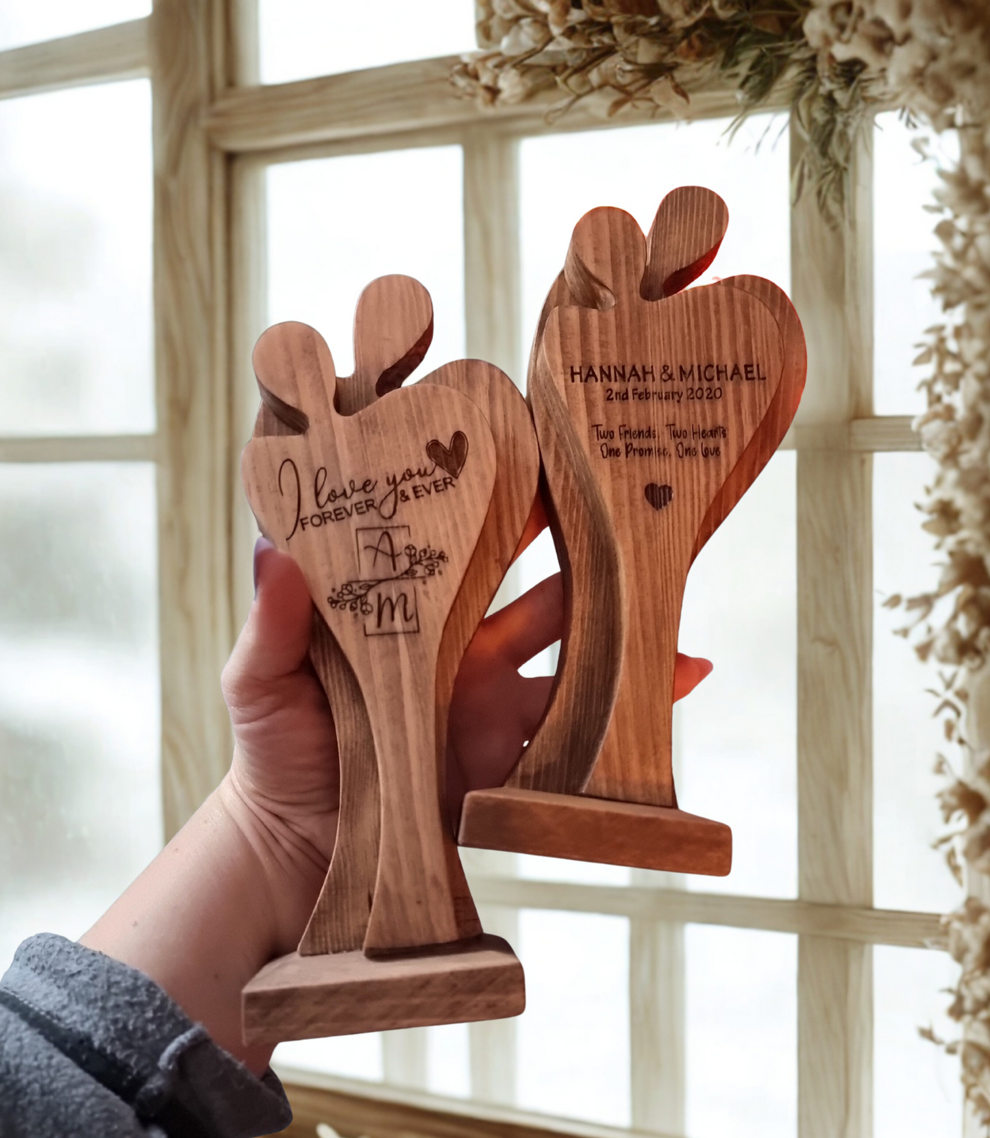 Hand-Carved Wooden Couple Sculpture – Personalised Solid Pine Love Decor