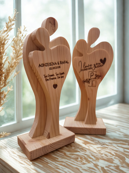 Hand-Carved Wooden Couple Sculpture – Personalised Solid Pine Love Decor