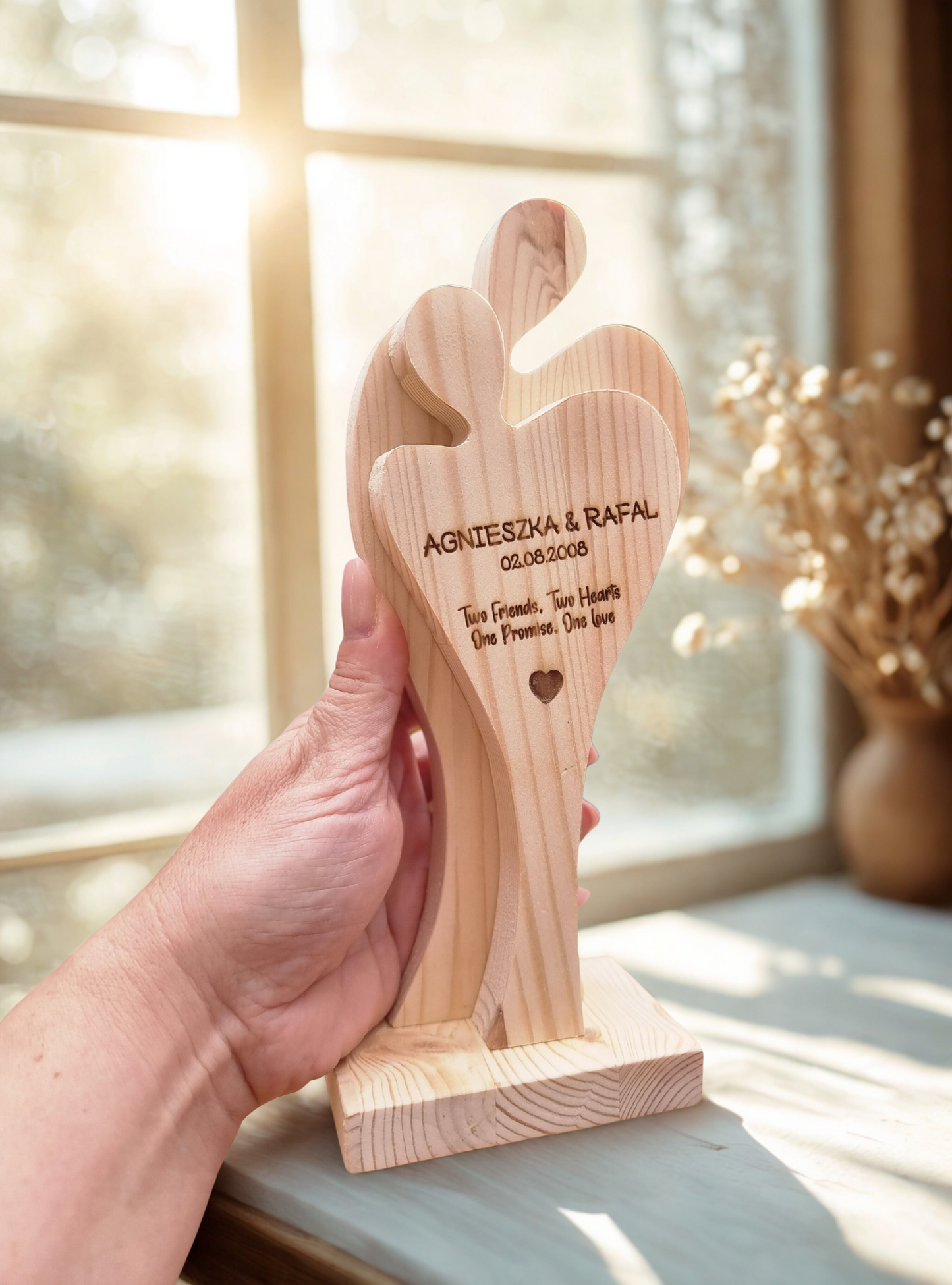 Hand-Carved Wooden Couple Sculpture – Personalised Solid Pine Love Decor