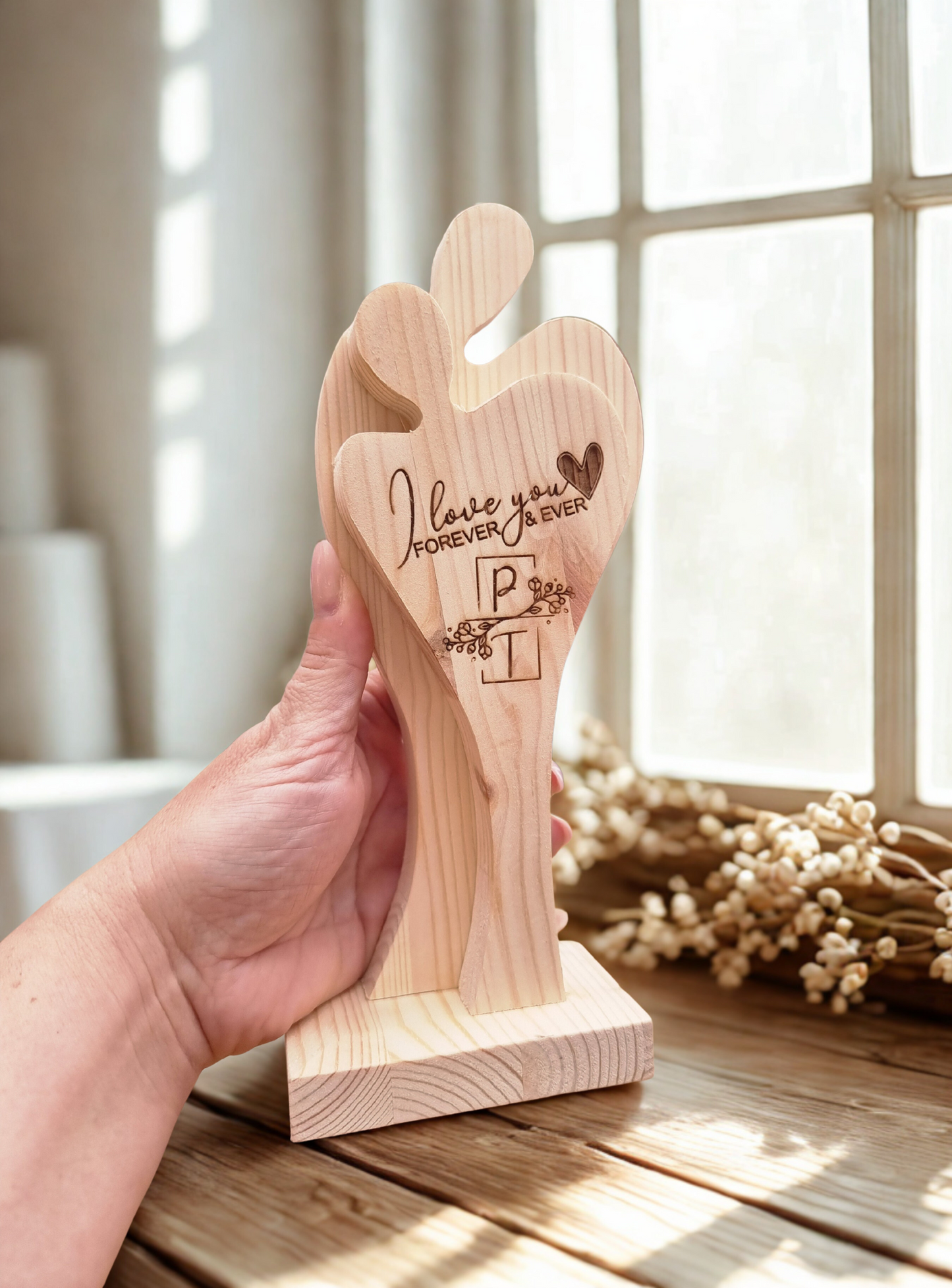 Hand-Carved Wooden Couple Sculpture – Personalised Solid Pine Love Decor